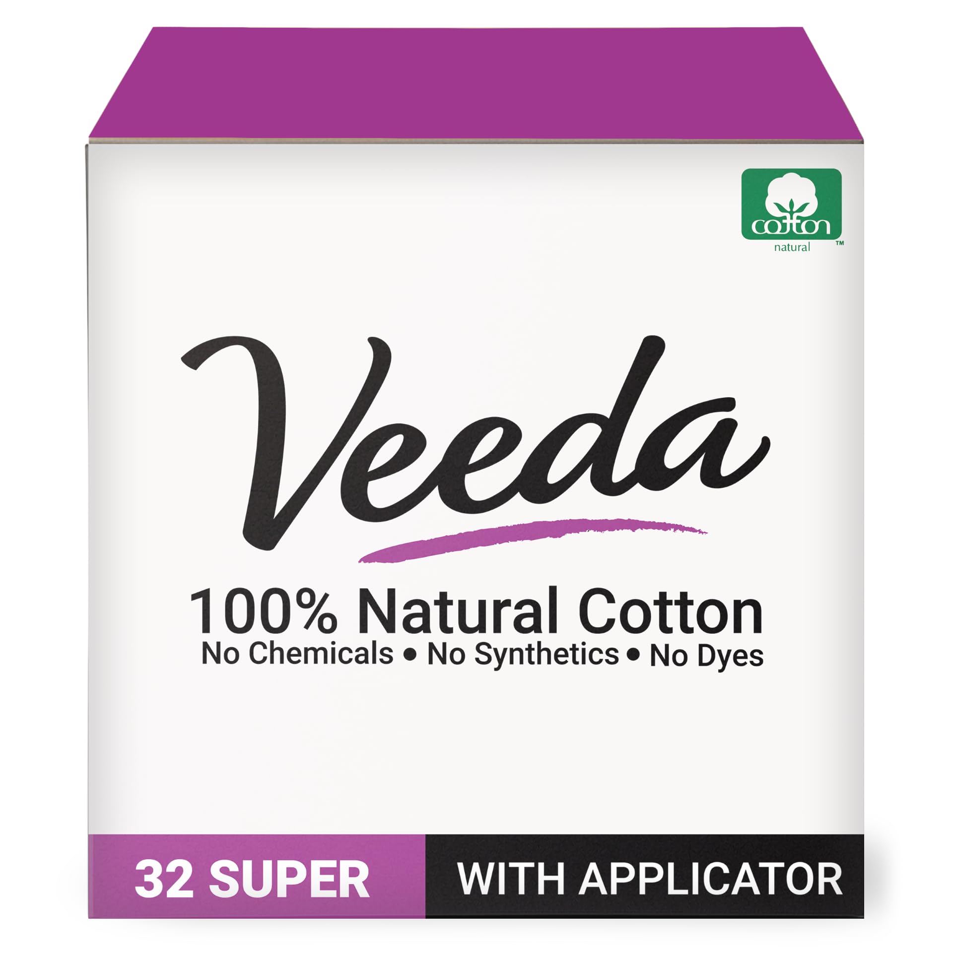 Veeda tampons packaging shows a 32-count box for portability and discreet use
