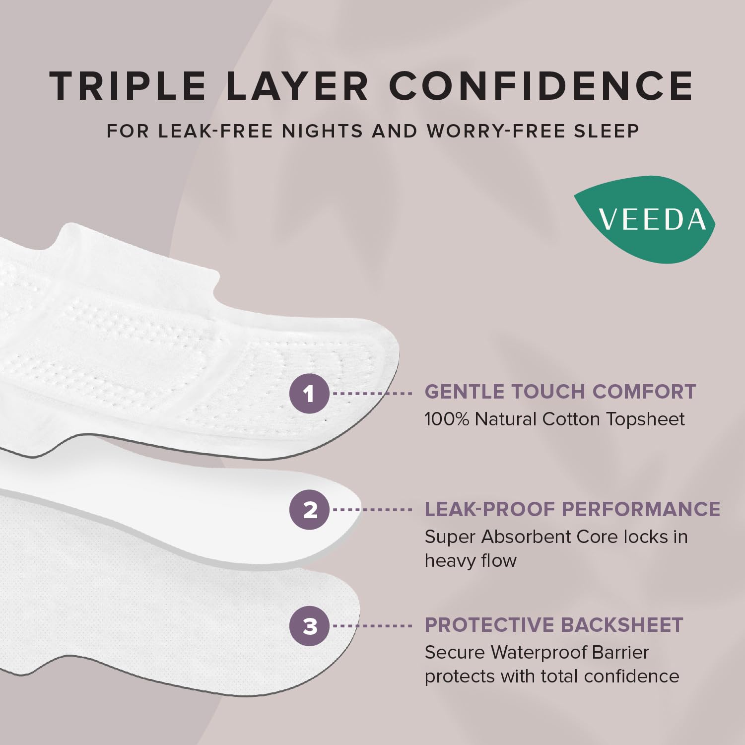 Veeda, absorbencia para la noche con canalización para protección.