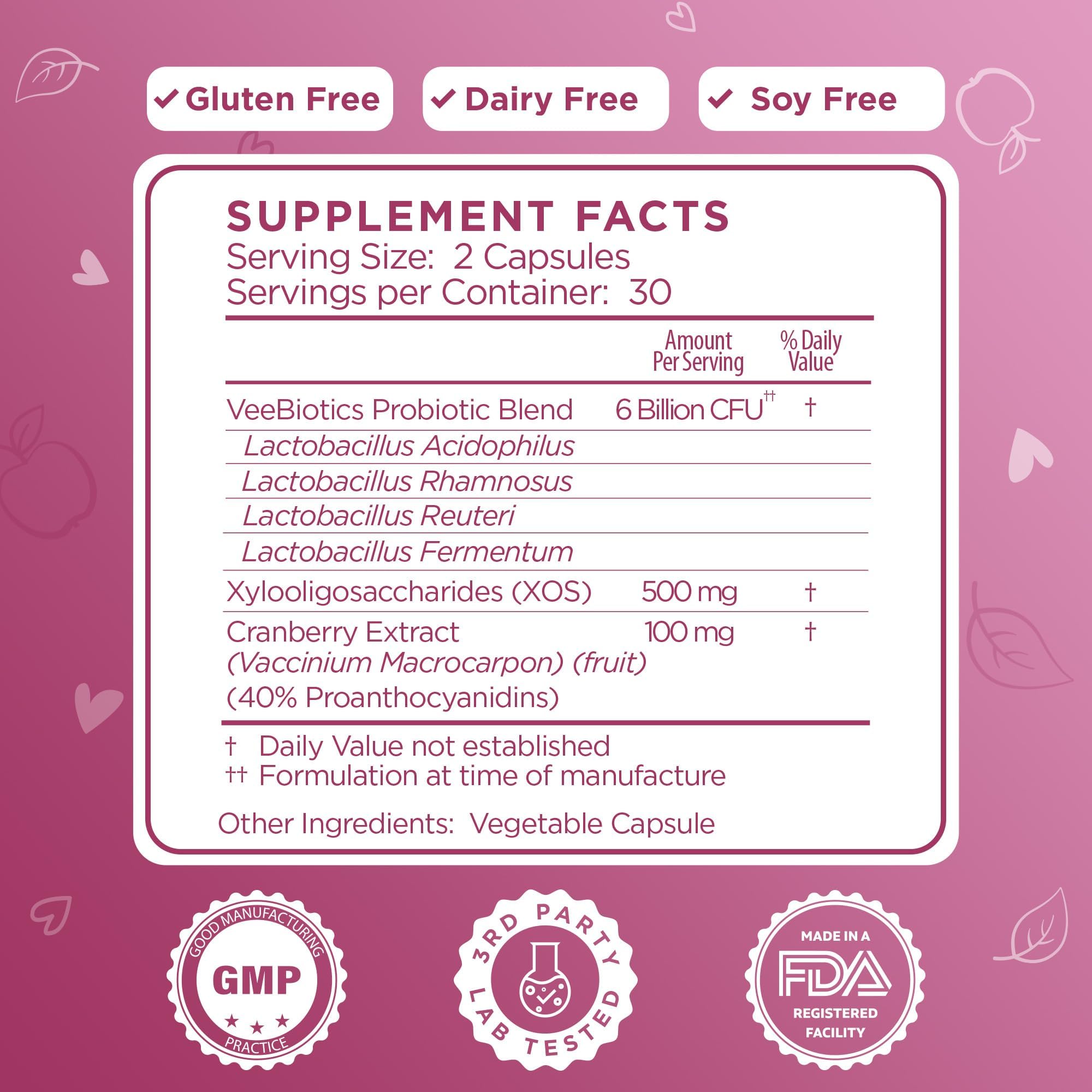 Close-up of VeeBiotics capsules highlighting probiotic formula with prebiotics.