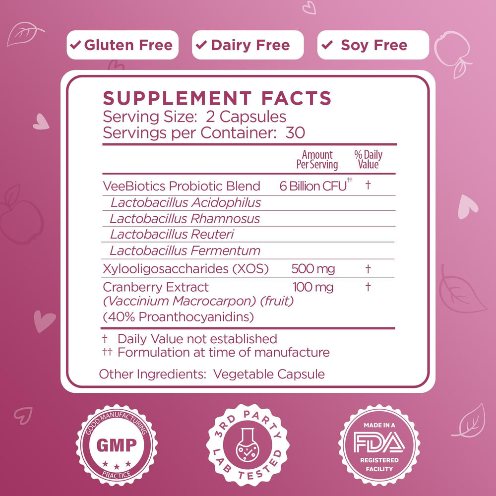 Close-up of VeeBiotics capsules highlighting probiotic formula with prebiotics.