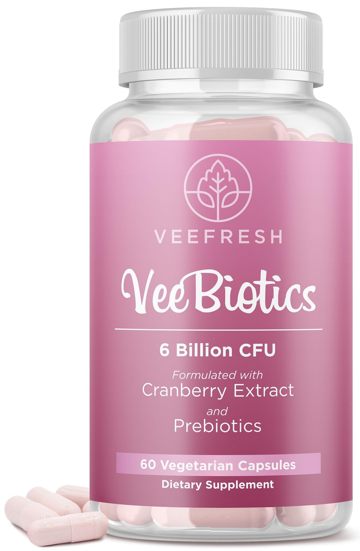 VeeFresh VeeBiotics cranberry capsules bottle for daily vaginal balance.