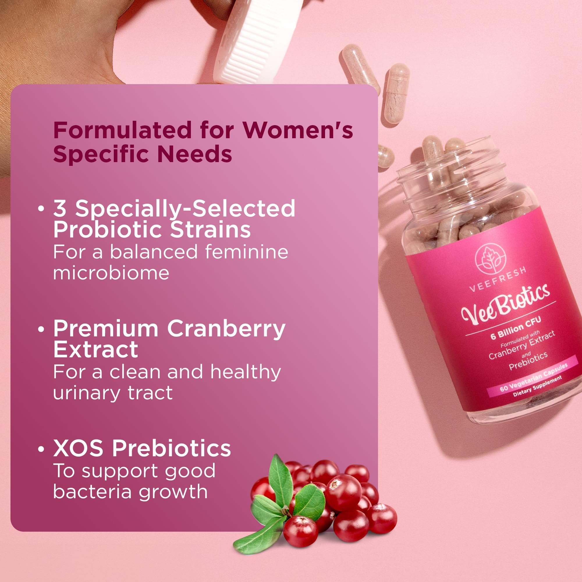 Cranberry extract PACs in VeeBiotics support urinary comfort.