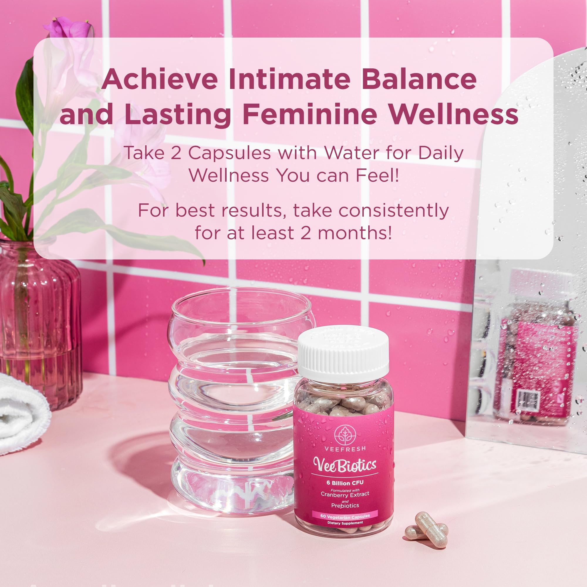 Packaging label on VeeBiotics emphasizing women’s wellness and allergen-free formula.