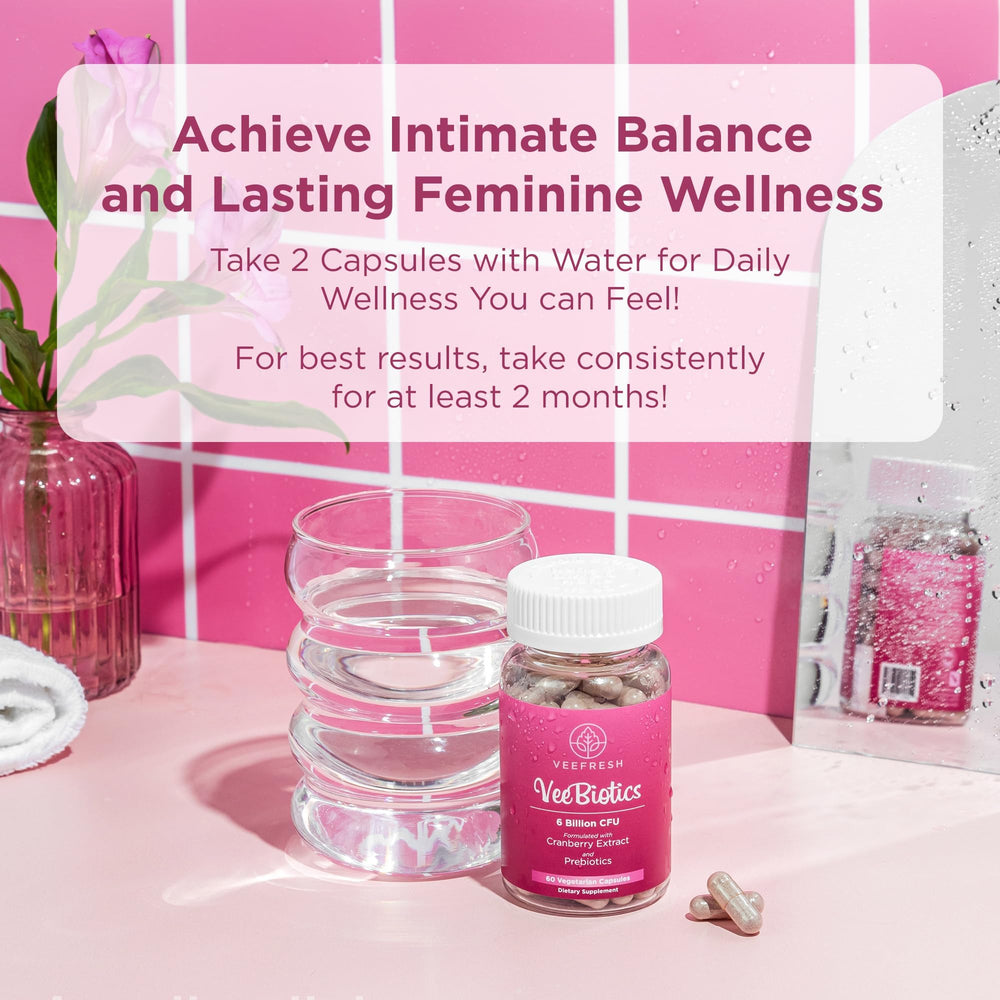 Packaging label on VeeBiotics emphasizing women’s wellness and allergen-free formula.