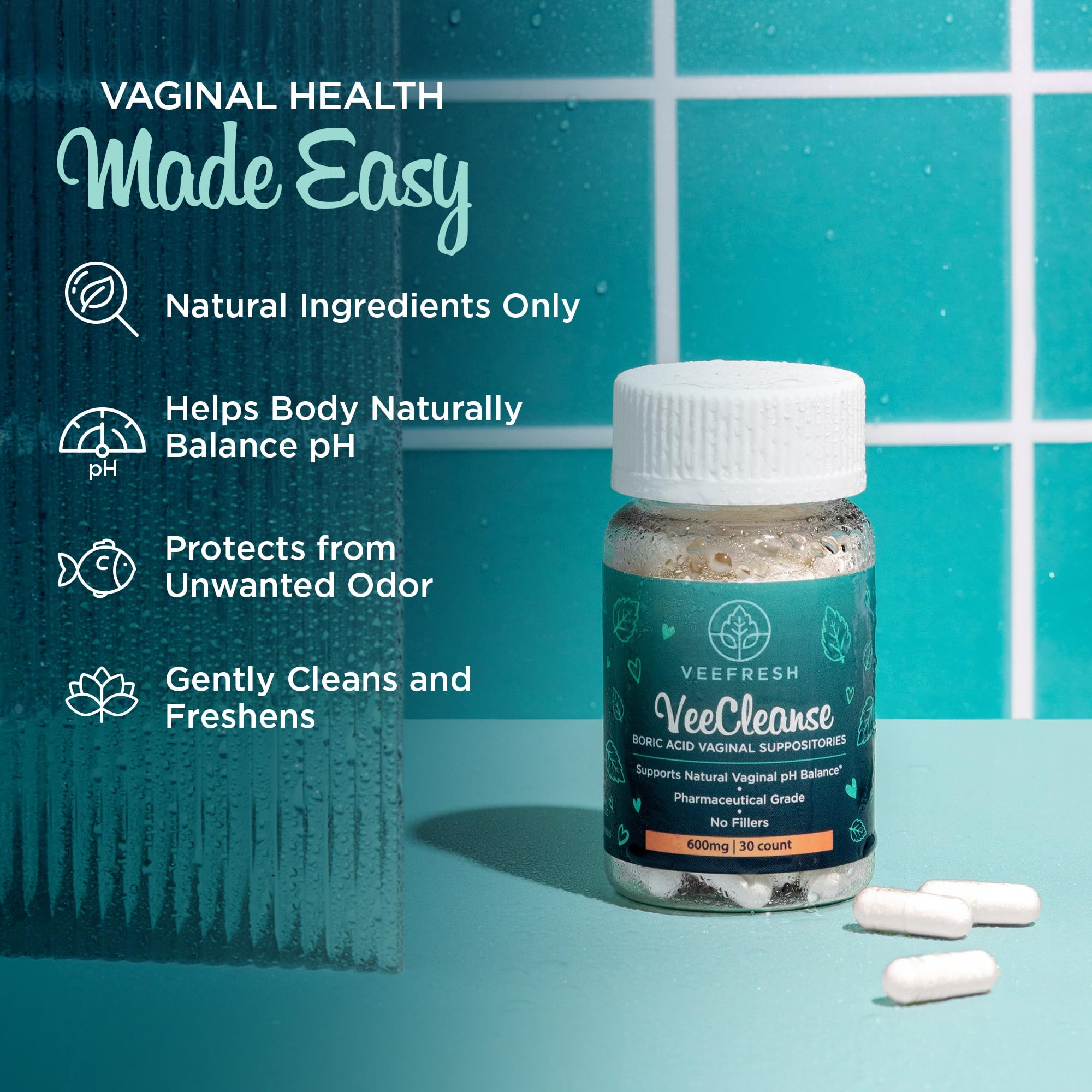 VeeFresh VeeCleanse bottle dispensing a dose for quick daily use.