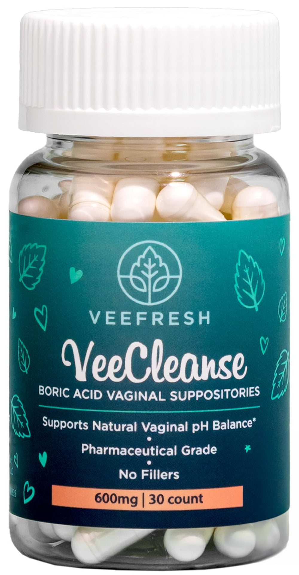 VeeFresh VeeCleanse bottle packaging illustrating daily vaginal health support.