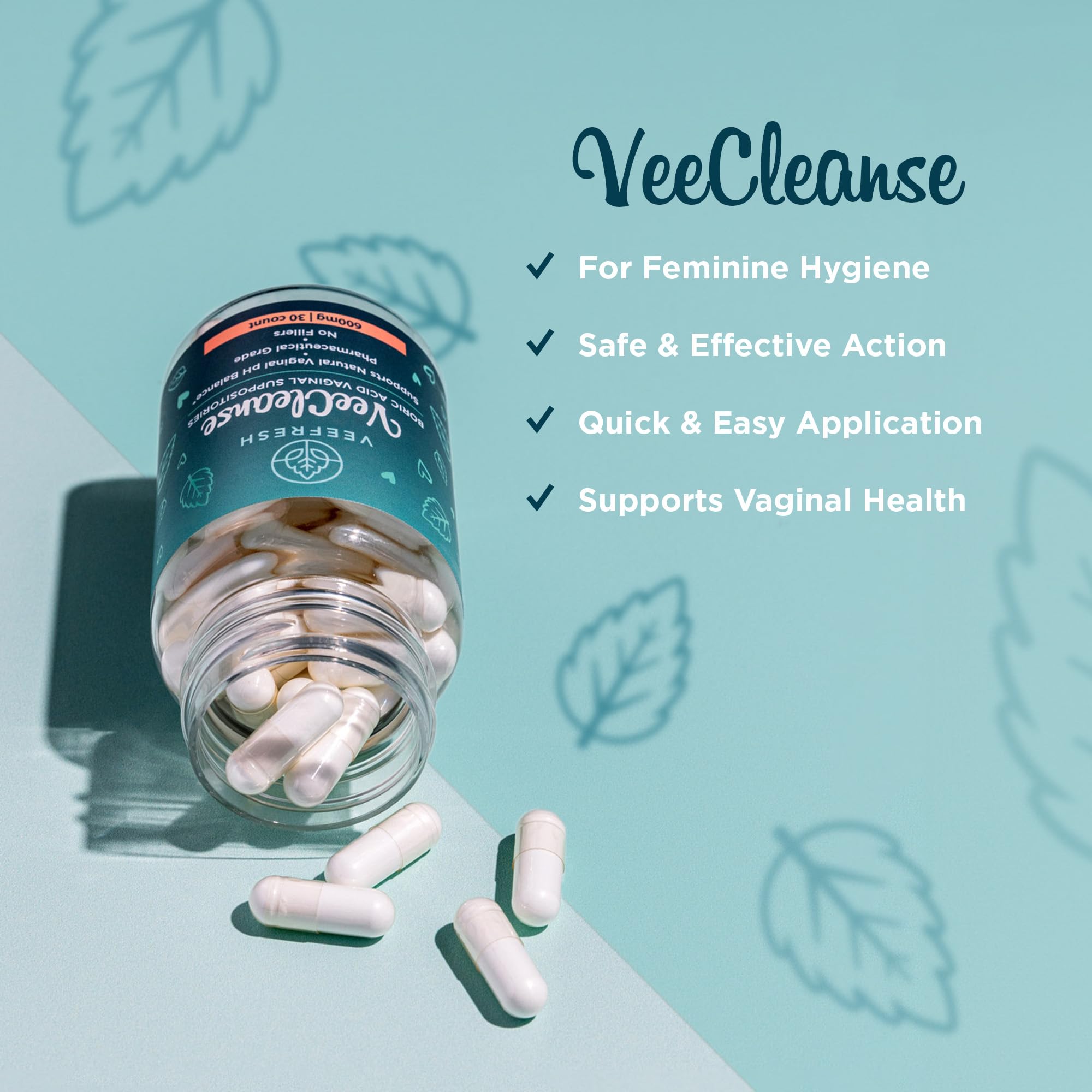 VeeFresh VeeCleanse suppositories close-up showing easy insertion and comfort.