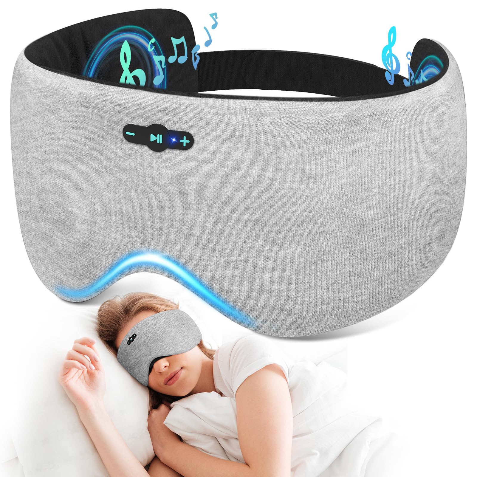 Veeniitosr Sleep Mask Headphones Grey - front view for all-night listening comfort