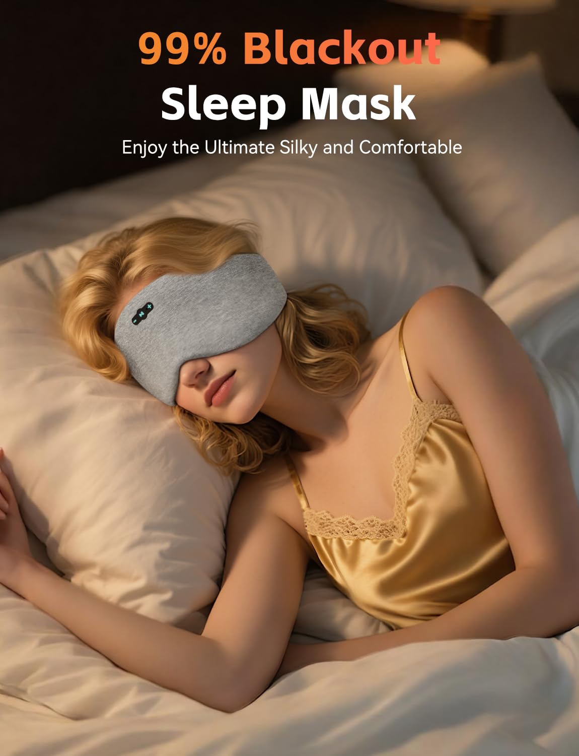 Veeniitosr Sleep Mask Headphones Grey - travel-ready with charging cable included