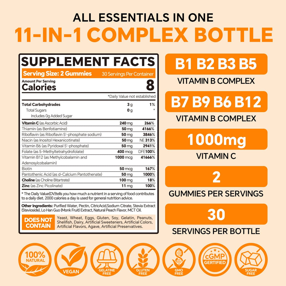 VEETAGYO B Complex bottle front with sugar-free gummies ready to take.