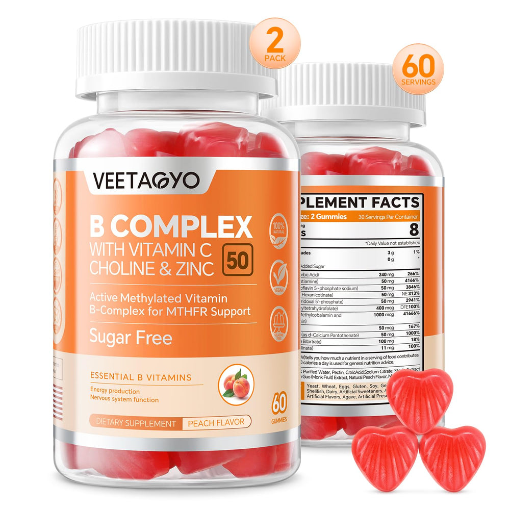 VEETAGYO B Complex gummies close-up showing tasty methylated vitamins for daily energy.