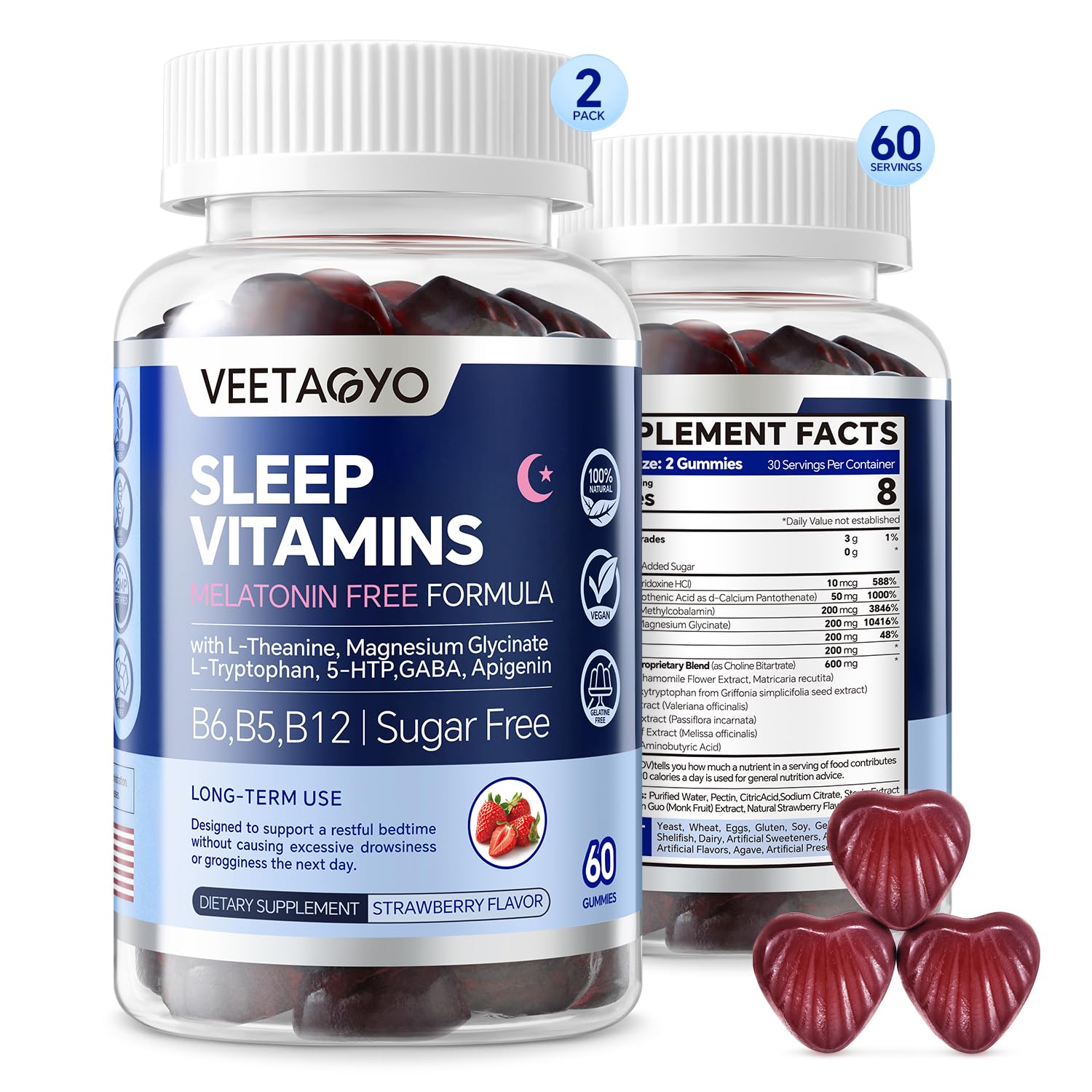 VEETAGYO melatonin-free gummies bottle — a nightly sleep support option without next-day grogginess.