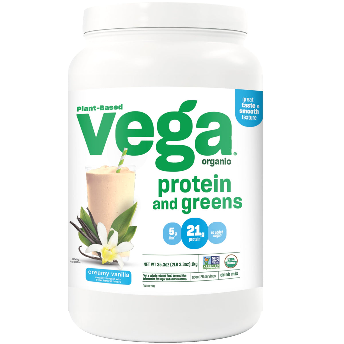 Vega Organic Protein and Greens creamy vanilla bottle ready for a protein shake