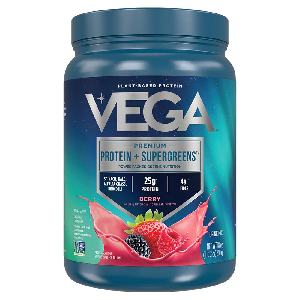 Vega Protein and Greens mixed berry powder jar front for quick protein boost.