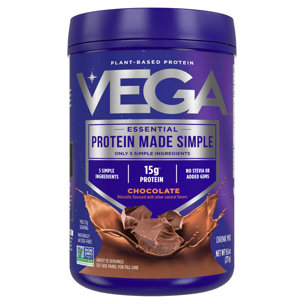 Vega Protein Made Simple chocolate packaging shows clean ingredients for quick mixing.