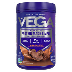 Vega Protein Made Simple chocolate packaging shows clean ingredients for quick mixing.