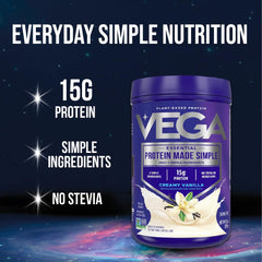 Vega Protein Made Simple powder scoop image shows 15 g of plant protein per serving.