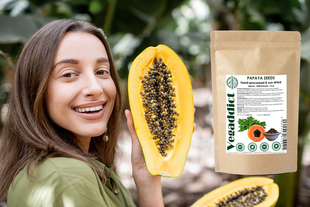 Vegaddict papaya seeds emphasize high carpain content for texture in meals