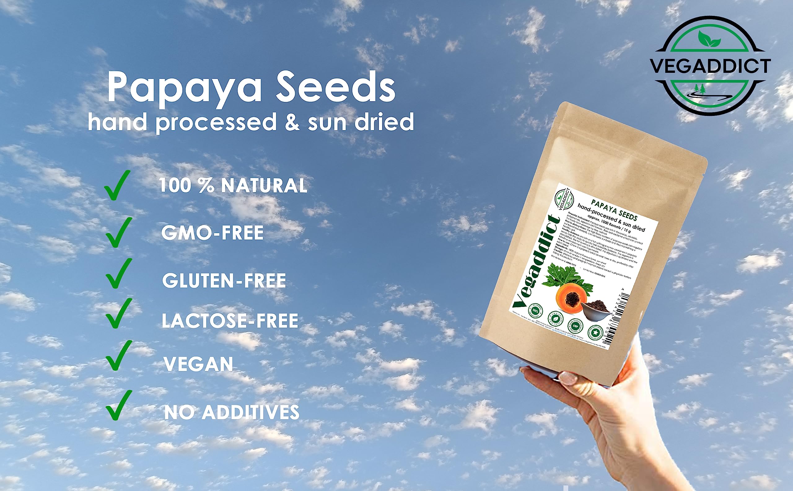 Vegaddict papaya seeds highlight high papain content for enzyme-rich use
