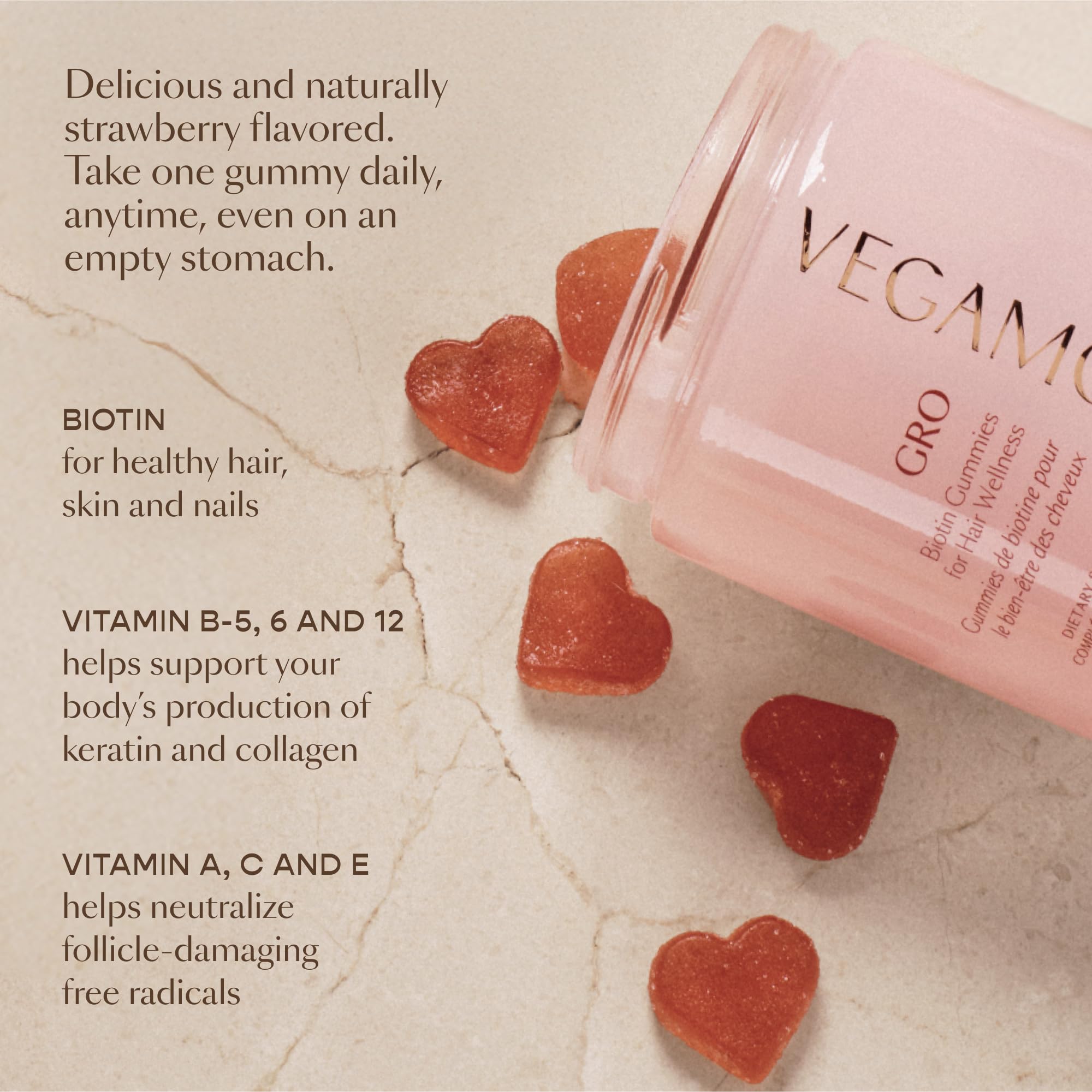 Bottled VEGAMOUR GRO Biotin Gummies with label details for ingredient transparency.