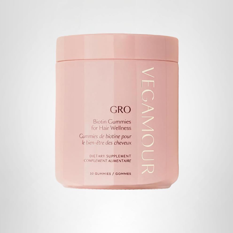 Nutrients label focus on vitamins A through E in VEGAMOUR GRO Biotin Gummies.