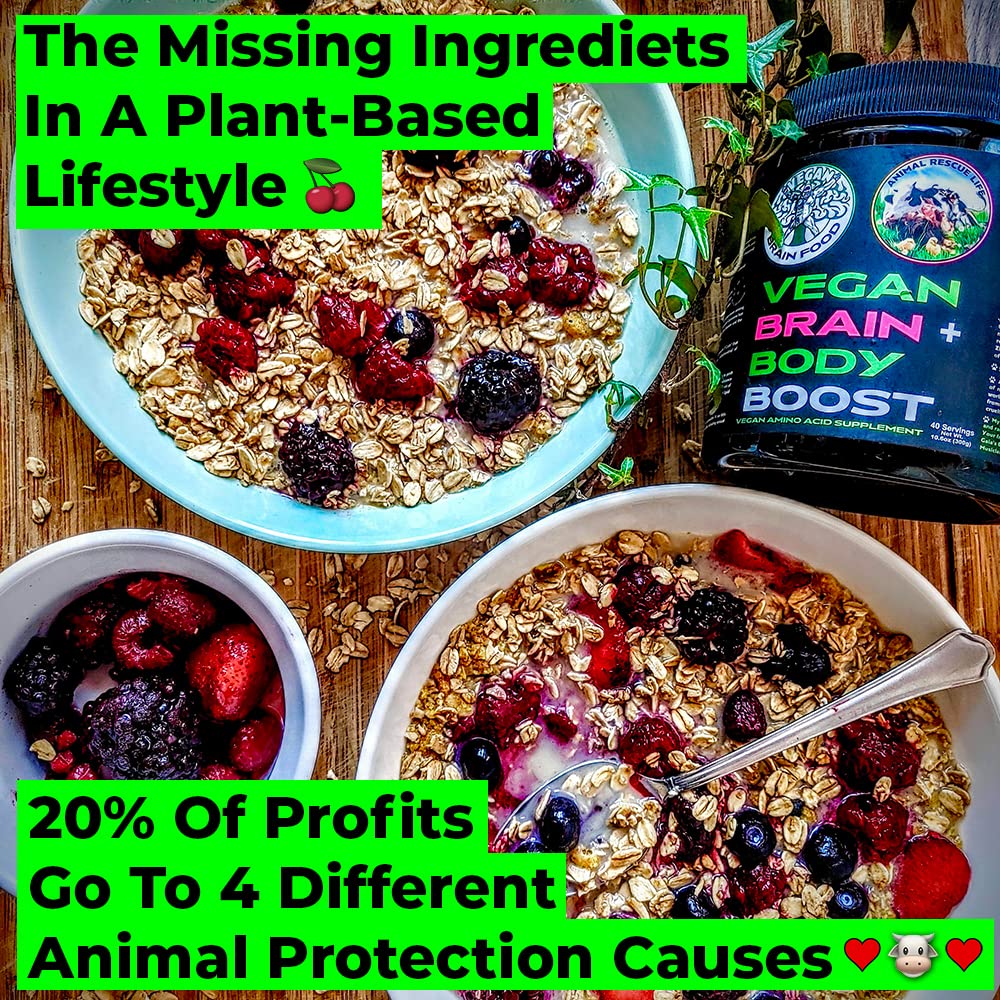 Vegan Brain Food bottle label highlights key amino acids and 40 servings.