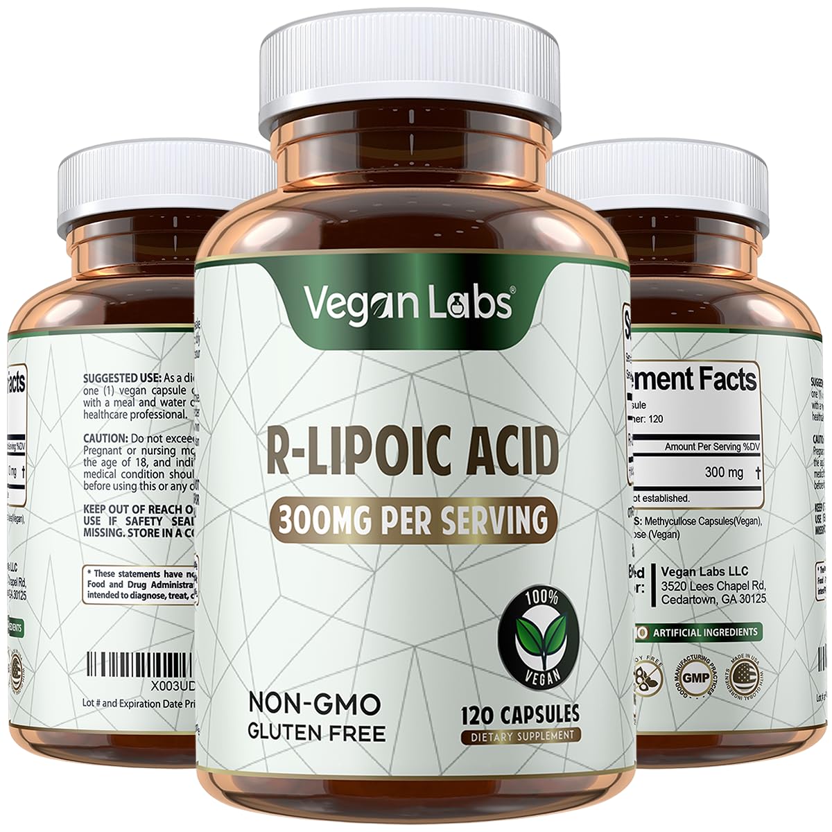 Vegan Labs R-Lipoic Acid 300MG bottle front supports daily energy with a clean vegan formula