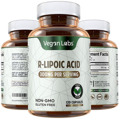 Vegan Labs R-Lipoic Acid 300MG bottle front supports daily energy with a clean vegan formula