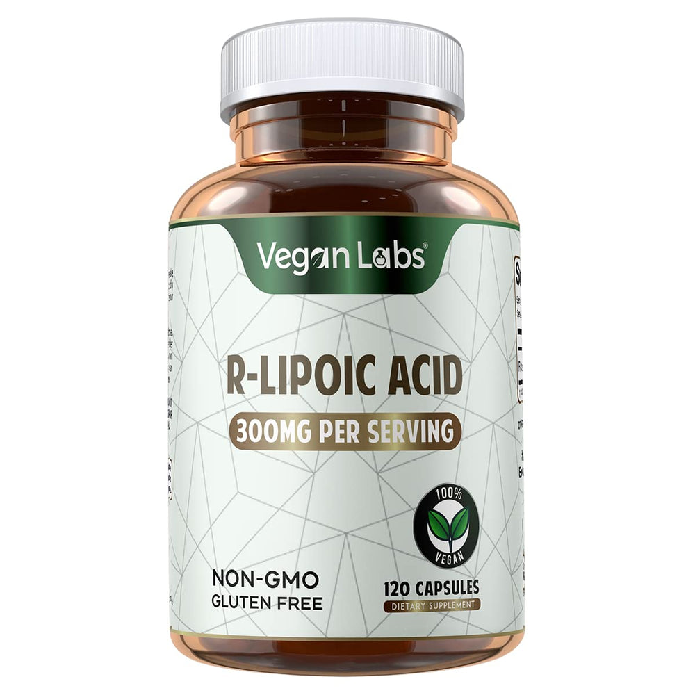 Vegan Labs R-Lipoic Acid 300MG capsules close-up highlights plant-based, easy-to-swallow design