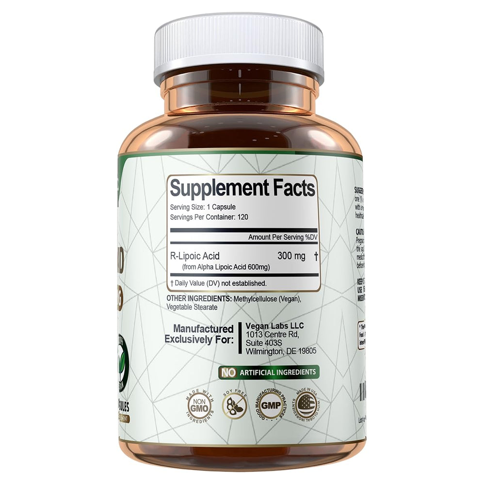Vegan Labs R-Lipoic Acid 300MG label shows 4-month supply and non-GMO, gluten-free notes