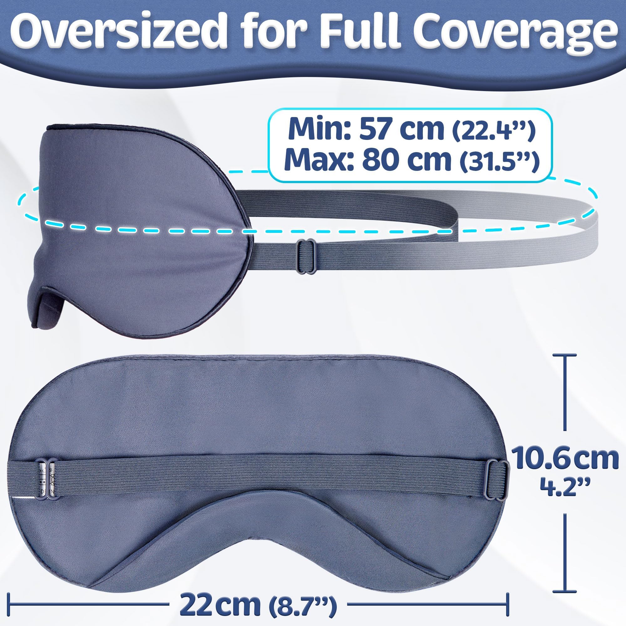 Vegan Silk sleep mask navy gray in dark bedroom for night use.