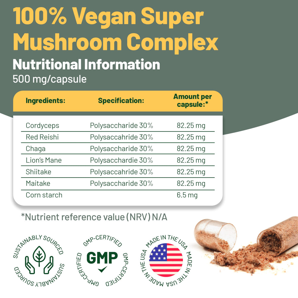 Close-up of Vegan Vitality capsules highlighting the high-strength mushroom blend.