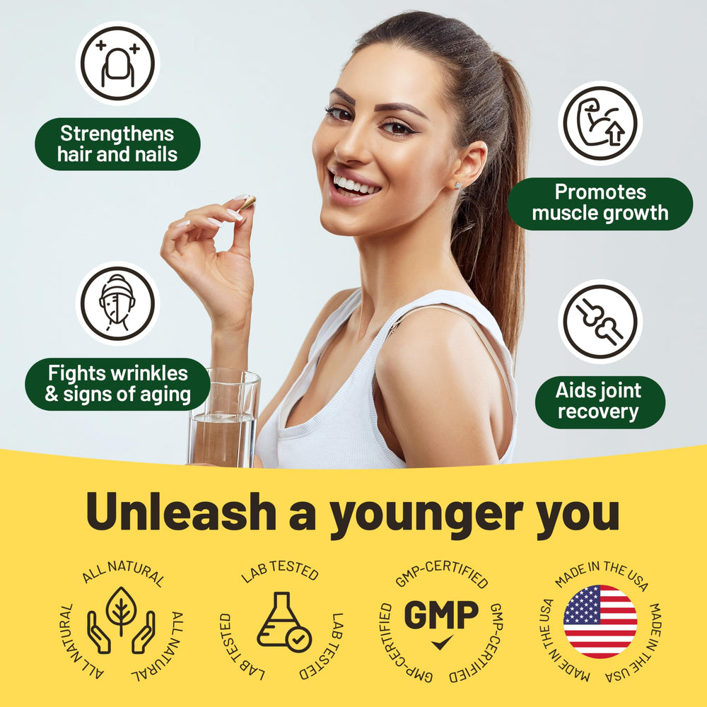 Vegan Vitality collagen capsules close-up highlighting convenient daily wellness.
