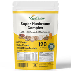 Vegan Vitality multi mushroom bottle front shows vegan formula for daily wellness.