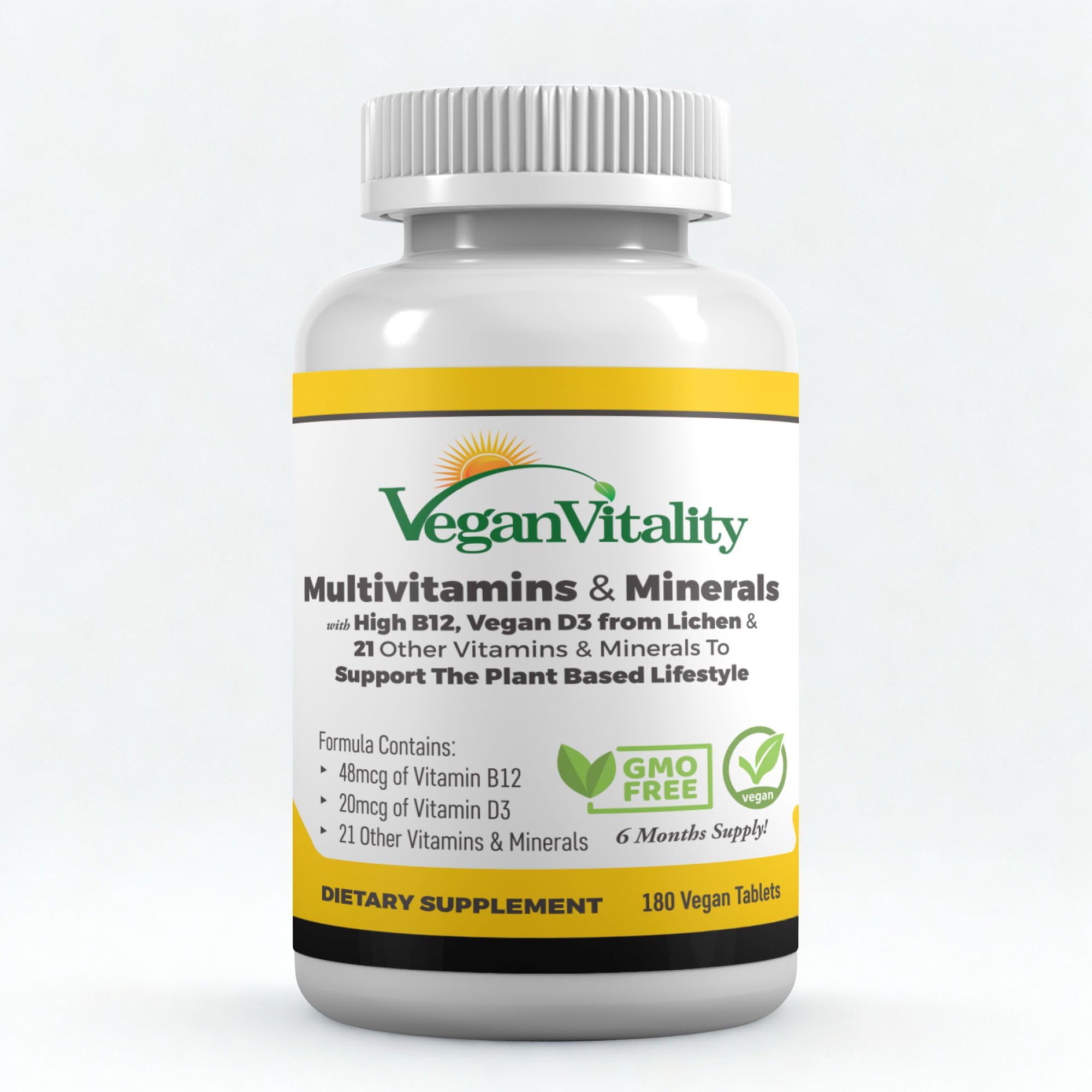 Vegan Vitality multivitamin bottle front view for daily vegan nutrition