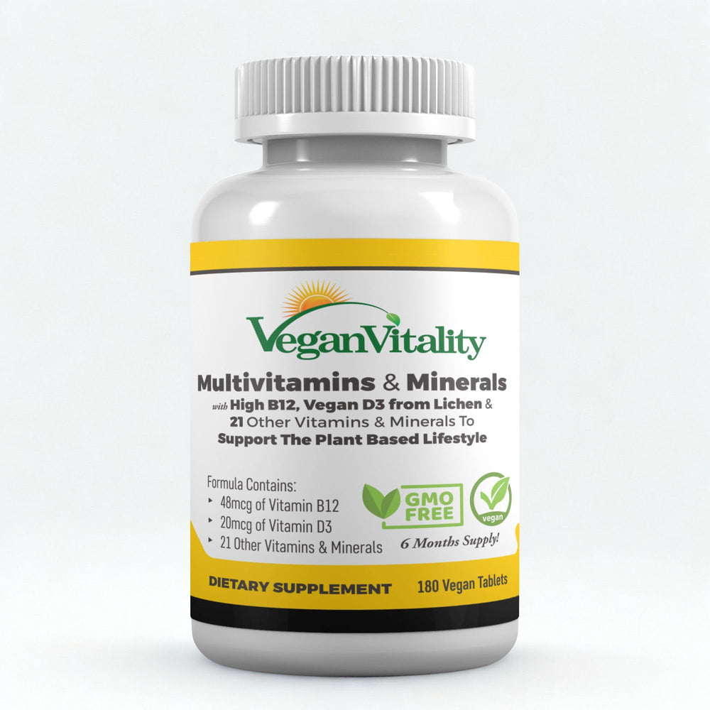 Vegan Vitality multivitamin bottle front view for daily vegan nutrition
