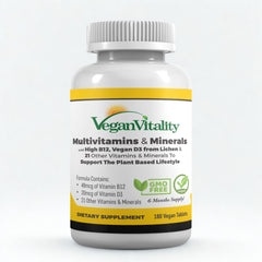 Vegan Vitality multivitamin bottle front view for daily vegan nutrition