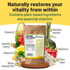 Vegan Vitality non-GMO gluten-free label indicating clean plant-based collagen booster.