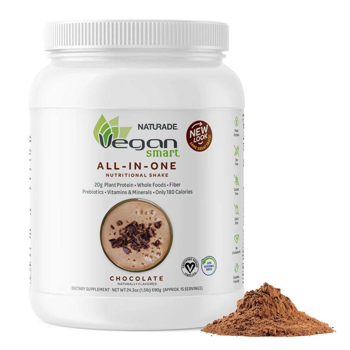 Vegansmart Naturade chocolate front label highlights vegan protein and gluten-free formula.