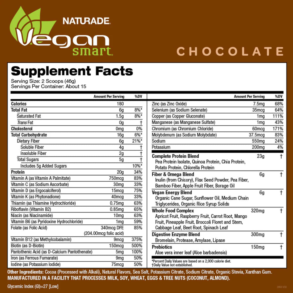 Nutrition panel for Vegansmart Naturade chocolate shows essential vitamins and minerals.