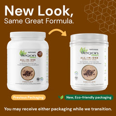 Shaker with Vegansmart Naturade chocolate powder illustrates convenient on-the-go nutrition.