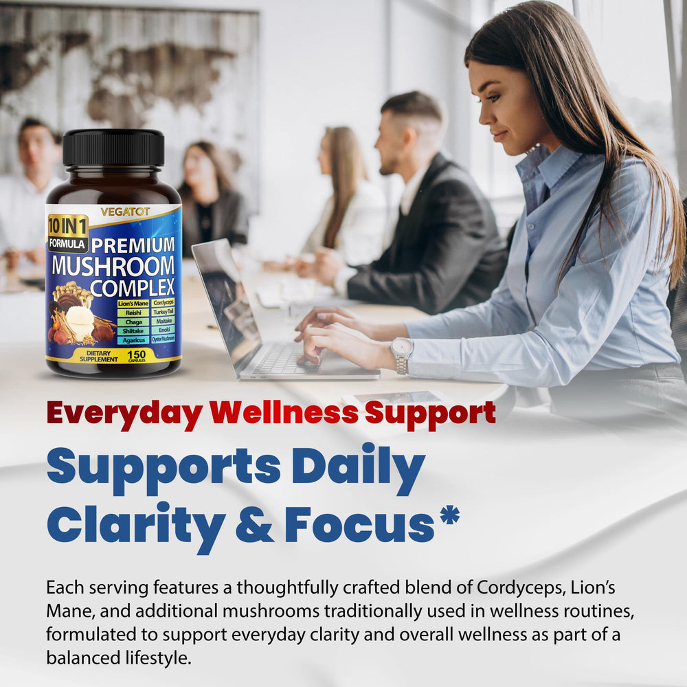 VEGATOT 10-in-1 immune support image suggesting broad mushroom benefits.