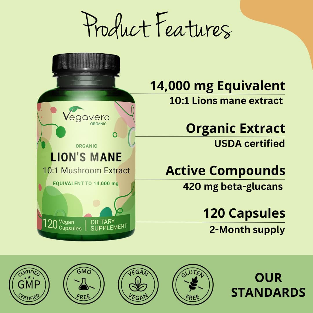 Vegavero Lions Mane bottle with open cap for easy capsule access