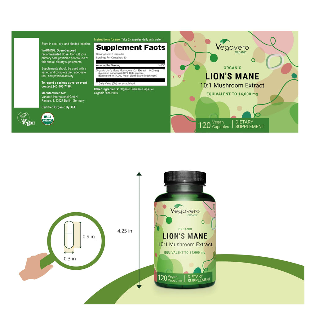 Vegavero Lions Mane capsules, easy daily intake with beta-glucans