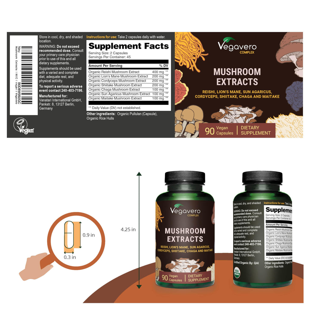 Close-up of Vegavero capsules highlighting high-potency extract equivalent to dried mushrooms.