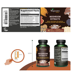 Close-up of Vegavero capsules highlighting high-potency extract equivalent to dried mushrooms.