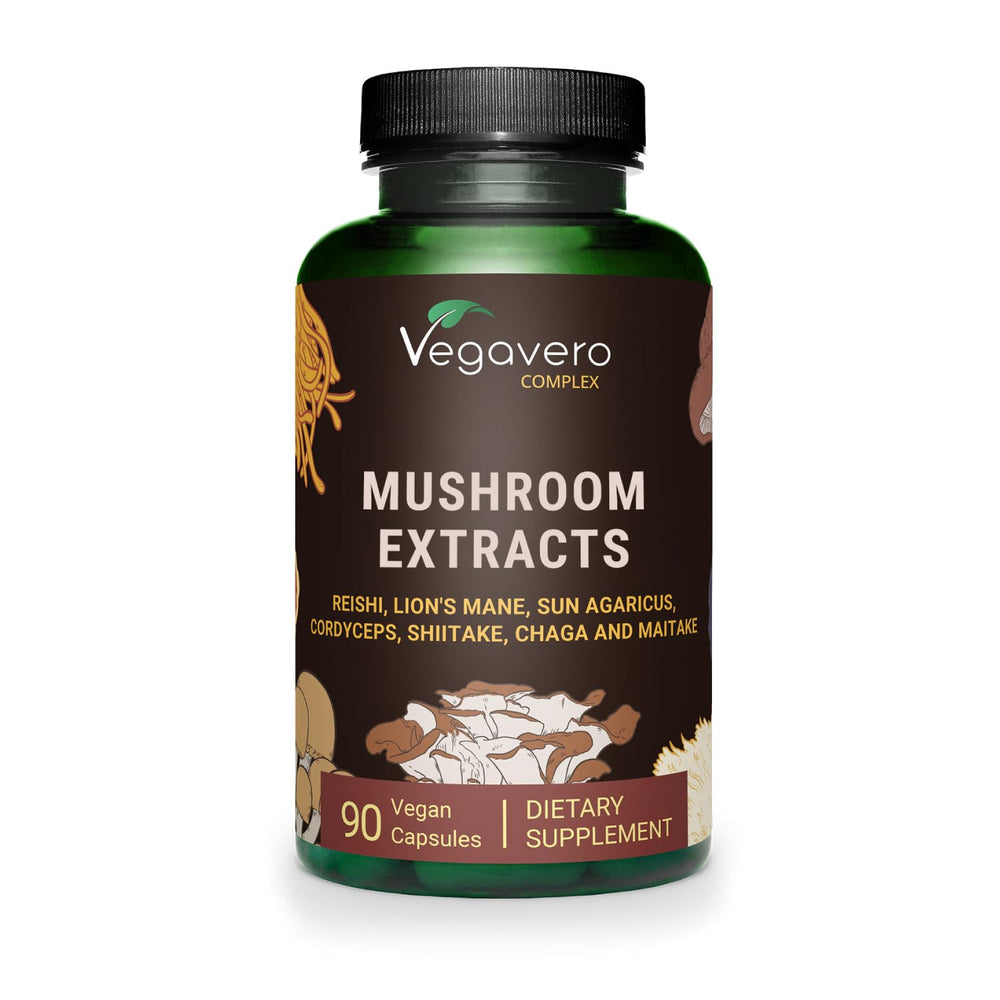 Vegavero Organic Mushroom Supplement bottle shows 7-mushroom blend for daily cognitive support.