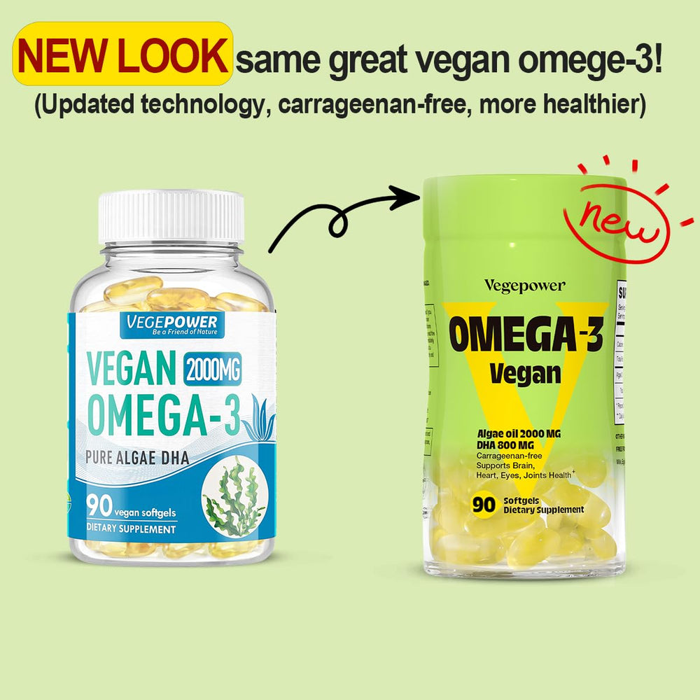 Vegepower bottle on shelf highlights carrageenan-free plant based DHA option