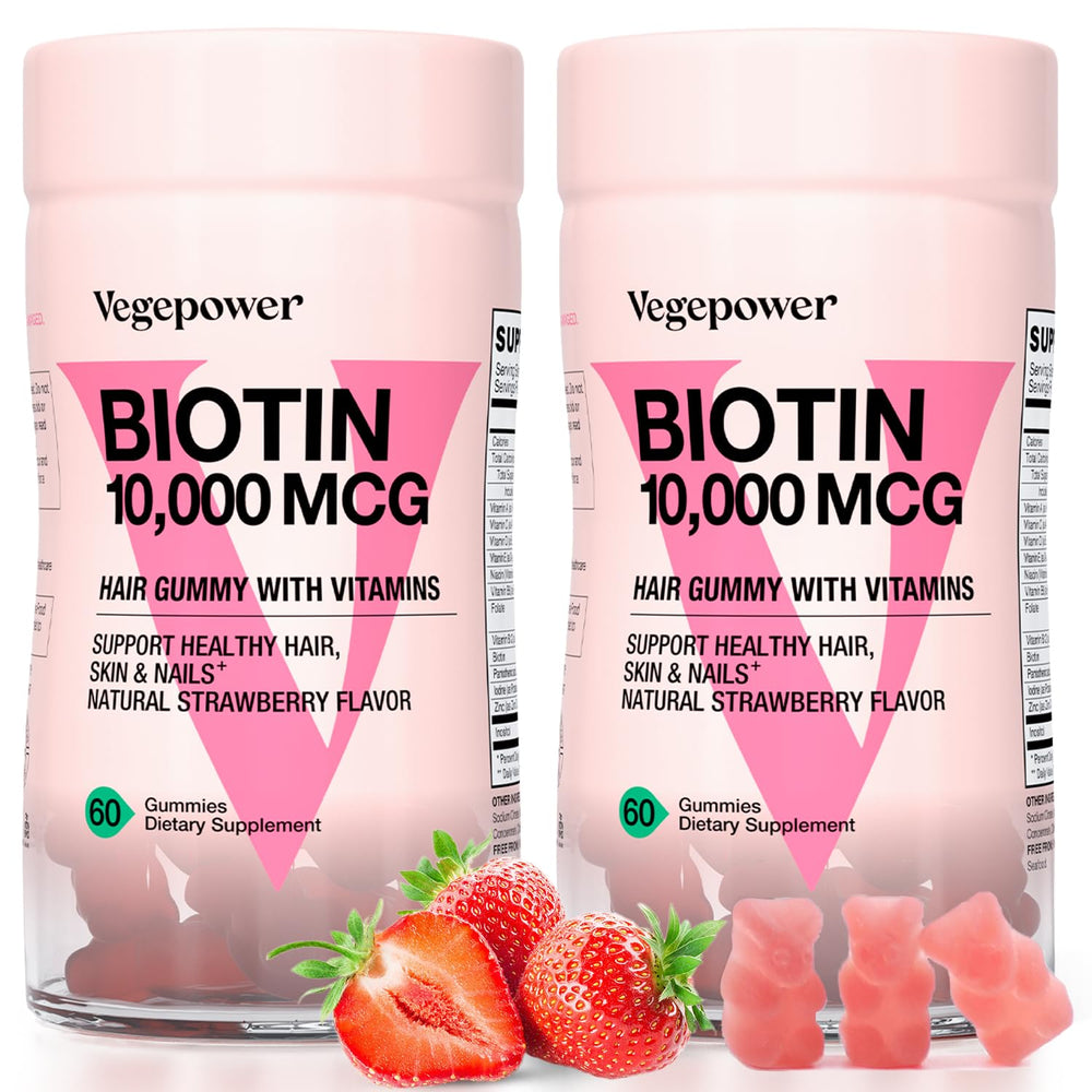 VEGEPOWER Biotin Gummies bottle pour for on-the-go hair and nail support