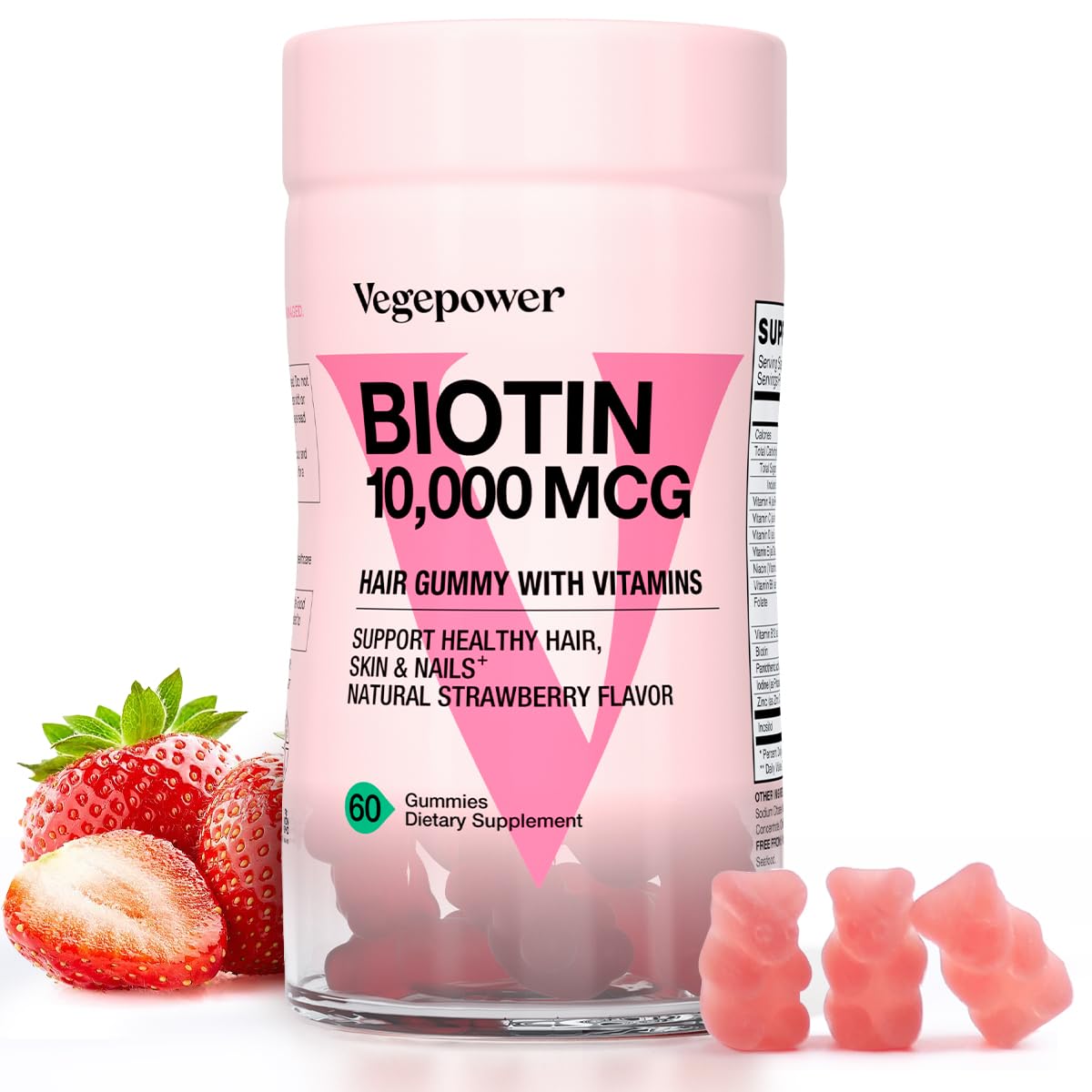 VEGEPOWER Biotin Gummies bottle shows 10000 mcg formula for hair support.